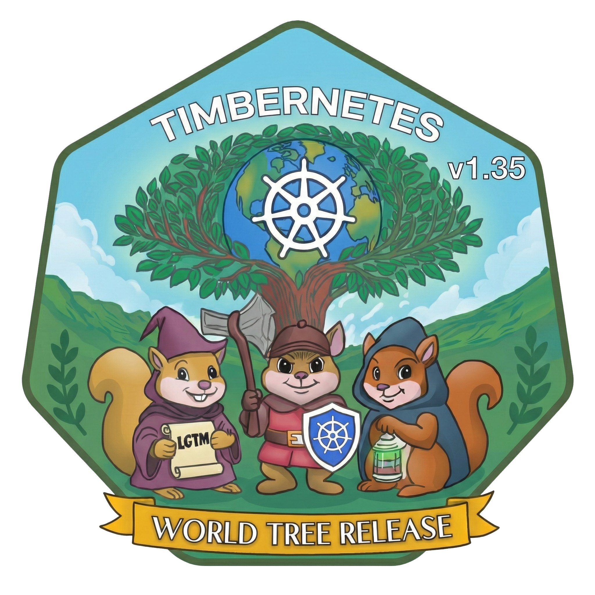 Kubernetes v1.35 Timbernetesロゴ:輝く世界樹の枝が地球と白いKubernetesホイールを抱く絵本風の六角形バッジ。下には3匹の陽気なリスが立っている—LGTMの巻物を持つプラム色のローブを着た魔法使い、斧と青いKubernetesの盾を持つ戦士、ネイビーのマントを着てランタンを運ぶ盗賊—緑の草の上、「World Tree Release」と書かれた金色のリボンの上に、柔らかな山々と雲が流れる空を背景にして
